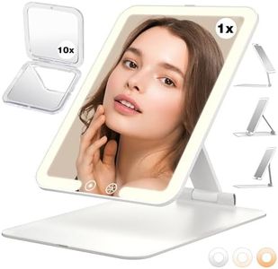 GIMBELEN 1X Travel Makeup Mirror with Mini 10X Magnifying Mirror, Portable Folding Lighted Makeup Mirror with 3 Light Colors, Dimmable, Adjustable Stand, Rechargeable LED Vanity Mirror