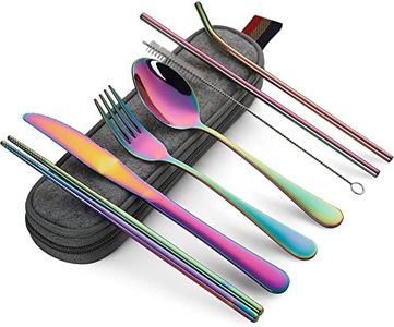 DEVICO Portable Utensils, Travel Camping Cutlery Set, 8-Piece including Knife Fork Spoon Chopsticks Cleaning Brush Straws Portable Case, Stainless Steel Flatware set (Rainbow)
