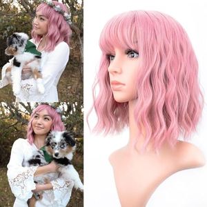 VCKOVCKO Pastel Wavy Wig with Fringe Short Bob Purple Pink Wig Curly Wavy Shoulder Length Pastel Bob Synthetic Cosplay Wig for Girls Colourful Costume Wigs (12 Inches, Purple Pink)