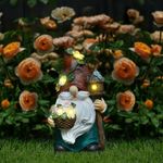 Lewondr Gnome Garden Statue, Waterproof Resin Gnome Sculptures with Flowers Basket, Solar Garden Decor with Warm Light, Indoor Outdoor Garden Christmas Decor for Lawn Yard Patio Porch