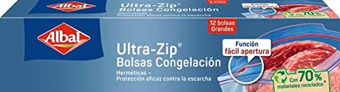 Albal Bolsas Congelación Ultra Zip 3 Litros, Fabricadas con 70% de Materiales Reciclados, Muy Resistentes, Reutilizables, Reciclables, Cierre Ultra-Zip Hermético, 12 Bolsas Grandes. Libres de BPA