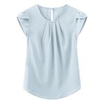 TASAMO Women’s Blouses Casual Cap Sleeves Front Pleated Round Neck Keyhole Back Chiffon Dressy Top(Large, Light Blue)