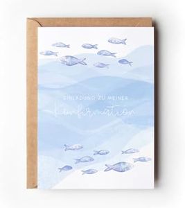 10 Confirmation Invitation Cards with Envelopes, Modern Invitations Confirmation, Minimalist Invitation Cards Fish to Fill in for Boys and Girls (Invitation Confirmation Fish)