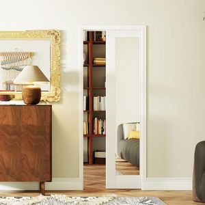 SOLRIG Sliding Pocket Door 30" x 80", 1-Lite Mirror Panel with Frame and Hardware Kit Set, Interior & Closet Single Finished Door Slab, White Primed