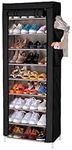 10-Tier Non-Woven Shoes Rack with Dustproof Cover, Shoe Storage Cabinet with Handy Storage Pocket, holds up to 30 Pairs of Shoes, for Living Room, Hallway- 60x30x142cm (Black)