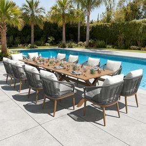 LayinSun 14 Pieces Outdoor Patio Dining Set, Aluminium Rectangular Dining Table and Wicker Rattan Chairs Set for Outside Backyard, Poolside