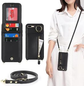 Cavor Vertical Flip Cover for iPhone 7 Plus Leather Case iPhone 8 Plus Case 5.5'' Crossbody Wallet Card Slots with 360°Rotation Ring Holder Kickstand & Long Shoulder Lanyard Strap-Black