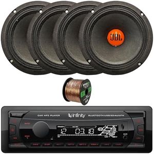 Car Audio Package: Single DIN Bluetooth USB/AUX/SD FM Radio MP3 Digital Media Black Vehicle Receiver with 6.5" 300 Watt Peak Power Midrange Woofer Car Audio Speakers (2 Pairs), Speaker Wire