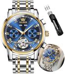 OLEVS Watches for Men Automatic Mens Skeleton Watches Wind Up Watch for Men Luxury Blue Face Gold Stainless Steel Waterproof Dress Self Wind Mens Watches reloj para Hombre