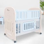 R for Rabbit Dream N Play Plus 3-in-1 Rocking Baby Cot, Bedside Bassinet & Crib for Kids, Storage Space 360° Wheels with Brakes HDPE Material for 0 to 3 Years Weight Capacity Up to 20kg (Grey Blue)