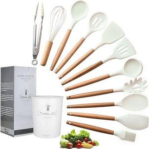 Generic 12 PCs | Kitchen Utensils Set, Non Stick Silicone Cooking Utensil Set, Wooden Handle, Heat Resistance, Gadgets Sets, Kitchen Spoons, Spatula Sets, Brush, Whisk, Tongs, Bucket (White), LSD-093