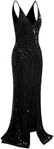 Vijiv Vintage 1920s Slip Prom Gown Sexy V Neck Sequin Mermaid Wedding Dresses for Bride Black L