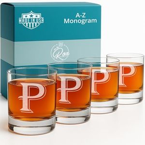 Monogrammed Gifts for Men - 4PC 11 Oz Custom Whiskey Glasses (P-Monogram) - Engraved Whiskey Glasses - Personalized Whiskey Glasses - Unique Bourbon Glasses - Personalized Glass Gifts for Dad