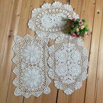 MINDPLUS Set of 3 Cotton Hand Crochet Lace Doily Placemats Oval Rectangle Dresser Scarves Coffee Table Runner Farmhouse (Beige)