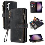 Vofolen for Samsung S23 Plus Case TPU Leather Wallet Case with Card Holder Slots Flip Stand Case Wristlet Zipper Magnetic Closure Heavy Duty Shockproof Protective Case Cover for S23 Plus Case-Black