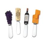 Wine Things 4-Piece Hand Painted Resin Handle with Stainless Steel Blade Cheese Spreader/Butter Spreader Knife, Assorted (Red Wine Tasting)