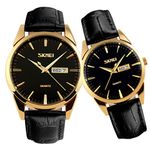 SKMEI Pair Watches for Couples Men and Women His and Hers Watch Set Husband Wife Valentines Matching Wrist Watch Wedding Gifts Waterproof Business Fashion Quartz Analog Calendar, Black Strap*Gold