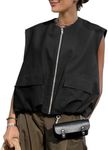 PAODIKUAI Women's Casual Zip Up Vest Cargo Ruched Hem Lightweight Sleeveless Blazer Oversized Jackets Top with Pockets, Black, Medium