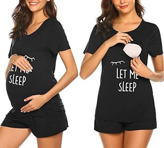 Ekouaer Maternity Pajamas for Hospital Set Short Sleeve Breastfeeding Pregnancy Sleepwear Nursing Shirts and Maternity Shorts Black Sleep XL