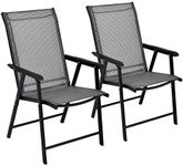 Costway Patio Folding Chair Set of 2, Portable Outdoor Dining Chair with Breathable Fabric, Steel Structure, Foldable Design, 2pcs All-Weather Garden Arm Chair Set, for Deck, Pool Side, Back Yard