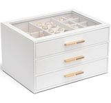 Vlando Jewelry Box for Women, Glass Lid Jewelry Organizer with 3 Drawers for Necklaces Rings Earrings Bracelets - Ivory White