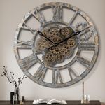 Lafocuse 23 Inch Wooden Real Moving Gears Wall Clock Distressed Bronze,Horloge Murale Large Oversized Farmhouse Rustic Vintage Industrial Clock for Living Room Decor