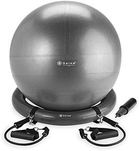 Gaiam Balance Ball, Base & Resistance Band Kit, 65cm Yoga Ball Chair, Exercise Ball with Inflatable Ring Base for Home or Office Desk, Includes Air Pump, Grey