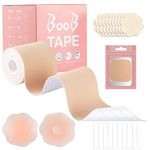 Boob Tape, Replace Your Bra-Instant Breast Lift Tape for A-G, Bob Tape for Breast Lift with 1 Breast Tape, 5 Pairs Satin Breast Petals, 1 Pair Silicone Nipple Stickers, 10 PCS Double Side Tape (3inch), Nude, 3inch