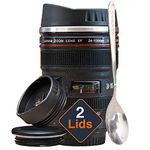 STRATA CUPS Camera Lens Coffee Mug -13.5oz, Super Bundle! (2 LIDS + Spoon) Stainless Steel Thermos, Sealed & Retractable Lids! Photographer Camera Mug, Travel Coffee Cup, Coffee Mugs for Men, Women