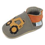 Dotty Fish Soft Leather Baby Shoes. Toddler Shoes. Grey Shoe with Yellow Digger Design for Boys. 18-24 Months (6.5 UK Child)