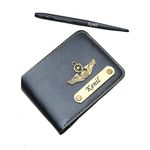 Just In Trendz Personalized Wallet with Charms Customized Wallet and Pen Set for Men (2 in 1 Combo) Pocket Purse Name Engraved Faux Leather (Black)