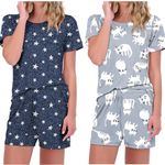 Ekouaer 2 Pack Pajamas Short Sleeve Top with Shorts Sets Comfy Pjs Lounge Sets Sleepwear for Women Star&Cat Medium