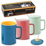 GiftsBuzz 3 Large Mug Set with lid 450ml, Big Ceramic Mug with Lid, Cups and Mugs, Porcelain Coffee Cups with Lids Tea Cups Coffee Mugs New Home Gifts for Mum