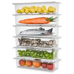 TEX-RO 6 Fridge Storage Boxes Fridge Organizer with Removable Drain Plate and Lid Stackable Fridge Storage Containers Plastic Freezer Storage Containers for Fish, Meat, Vegetables, Fruits(1500ML)