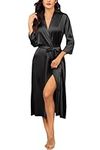 Hotouch Women's Silk Bathrobe Pure Colour Long Satin Kimono Robes with Oblique V-Neck Black