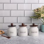 Modern Kitchen Set | Air Tight Containers for Kitchen Storage | Sugar Tea Coffee Container Set of 3 | Wooden Lid Container for Kitchen | Food-Safe Metal Containers & Jar Container Set (Light Grey)