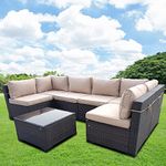 AZRBOPO 7 Piece Rattan Garden Furniture Set, 6 Seater Garden Corner Sofa Outdoor Patio Rattan Sofa Set Wicker Corner Sofa Set Patio Conservatory Modular Corner Sofa Set with Coffee Table