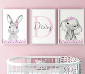 Safari Animals Girls Nursery Bedroom Prints Set of 3, Personalised Name Unframed Pink Flowers Nursery Wall Art Decor Gift Present in Grey Pink, Elephant Bunny Rabbit (A4)