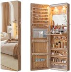 HNEBC LED Mirror Jewelry Cabinet,47.2" Wall Mounted Jewelry Organizer with Full-Length Mirror,Over The Door Hanging Jewelry Armoire Storage Cabinet,Folding Dresser,2 Drawers,Lockable, 3 Shelves(Wood)