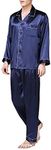 Men Silk Pyjamas Set Satin Long SleeveLapel Buttons Straight Loungewear Two-Piece Sleepwear Homewear (Blue, L)
