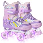 Nattork Girls Roller Skates for Big Kids ages6-12 7 8 9 10, 4 Size Adjustable Rainbow Quad Skates with All Light Up Wheels - Best Birthday Gift for Outdoor Sports