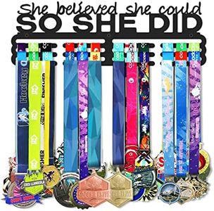 Bliocefo Medals Hanger Display Holder Rack 15.7 inches She Believed She Could Wall Mount Steel Frame Over 70 Medals-Sports Medal Hangers Racks Bib Ribbon with Easy Hanging Bars Black 3 Lines