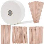 BQTQ Waxing Applicator Sticks Wax Strips Sticks Kit Including Non-woven Wax Strip Roll and 120 Pcs Waxing Stick Wooden Wax Applicator Sticks for Body Facial Hair Nose Eyebrow Removal, 2.75" * 55 Yards