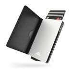 Stealth Wallet RFID Card Holder Wallet - Smart Minimalist Pop Up Wallets with Gift Box - Slim Lightweight Metal Credit Card Holders for Men & Contactless Protector (Silver Aluminium, Black Leather)
