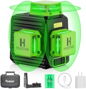 Huepar Laser Level 360 Self Leveling, 3 x 360° High Brightness Cross Line Laser for Construction and Picture Hanging, 12 Green Laser Level Tool with 5200 mAh Rechargeable Battery & Hard Carry Case