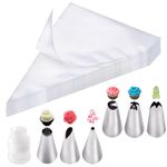Soodyoow Piping Bag and Nozzles Set with Coupler, 100 Pcs Disposable Piping Bags, Large Decorating and Pastry Bags, Clear Piping Bags for Cake Cupcake Dessert Cookies Decoration