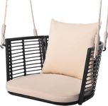 DORTALA Hanging Porch Swing, 1 Person Patio Wicker Swing Chair with Metal Frame, Cushion, Ropes & Hooks, Outdoor PE Rattan Swing Seat for Lawn Garden Backyard Balcony, Beige