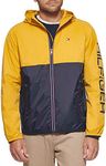 Tommy Hilfiger Men's Lightweight Active Water Resistant Hooded Rain Jacket, Yellow/Navy Colorblock, XX-Large