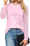 Blooming Jelly Women's Waffle Knit Tops Dressy Business Casual Blouses Lace Long Sleeve Work Shirts 2024 Cute Fall Clothes (Light Pink,Small)