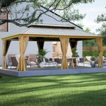 Domi Hardtop Gazebo 14x20FT, Outdoor Gazebo with Galvanized Steel Double Roof, Aluminum Frame, Built-in Gutter System, Curtain and Netting, Metal Gazebo Pavilion for Patio Deck Garden, Wood-Looking